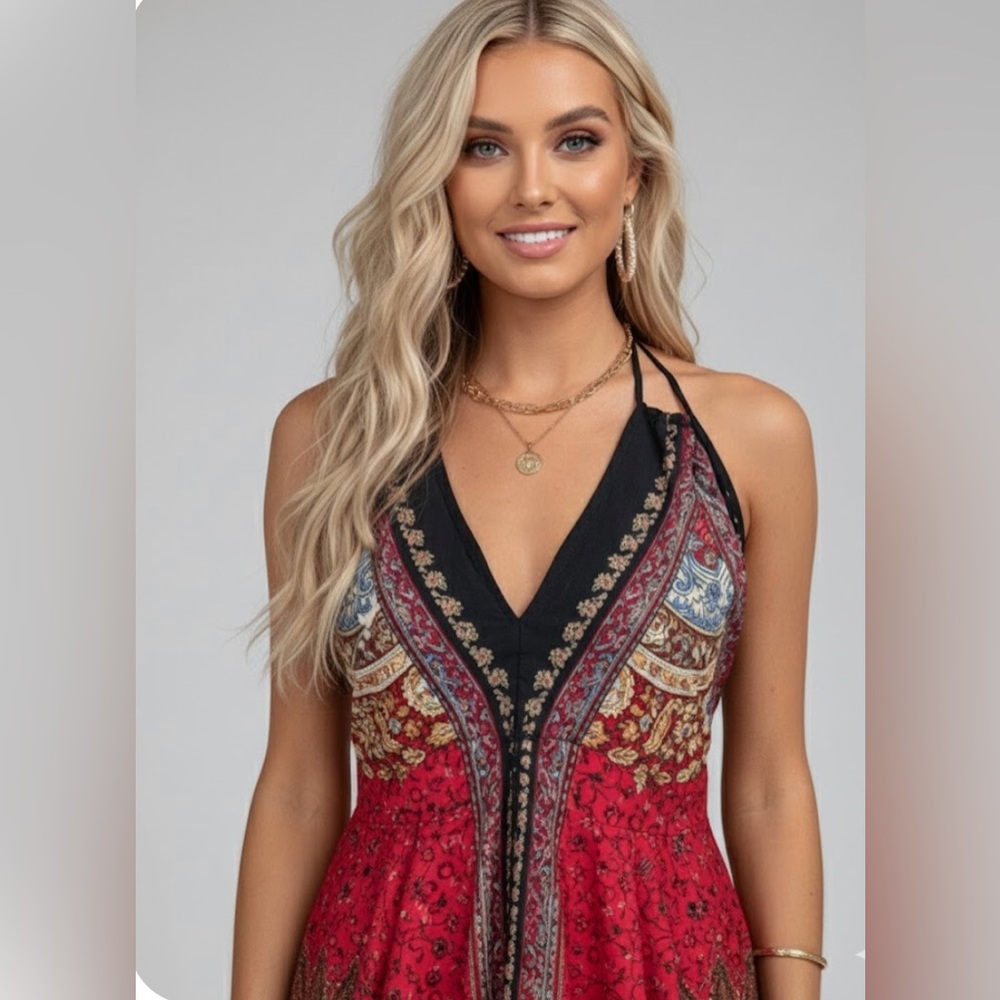 Boho Halter Neck Asymmetrical Hem Maxi Dress - Picture 2 of 8